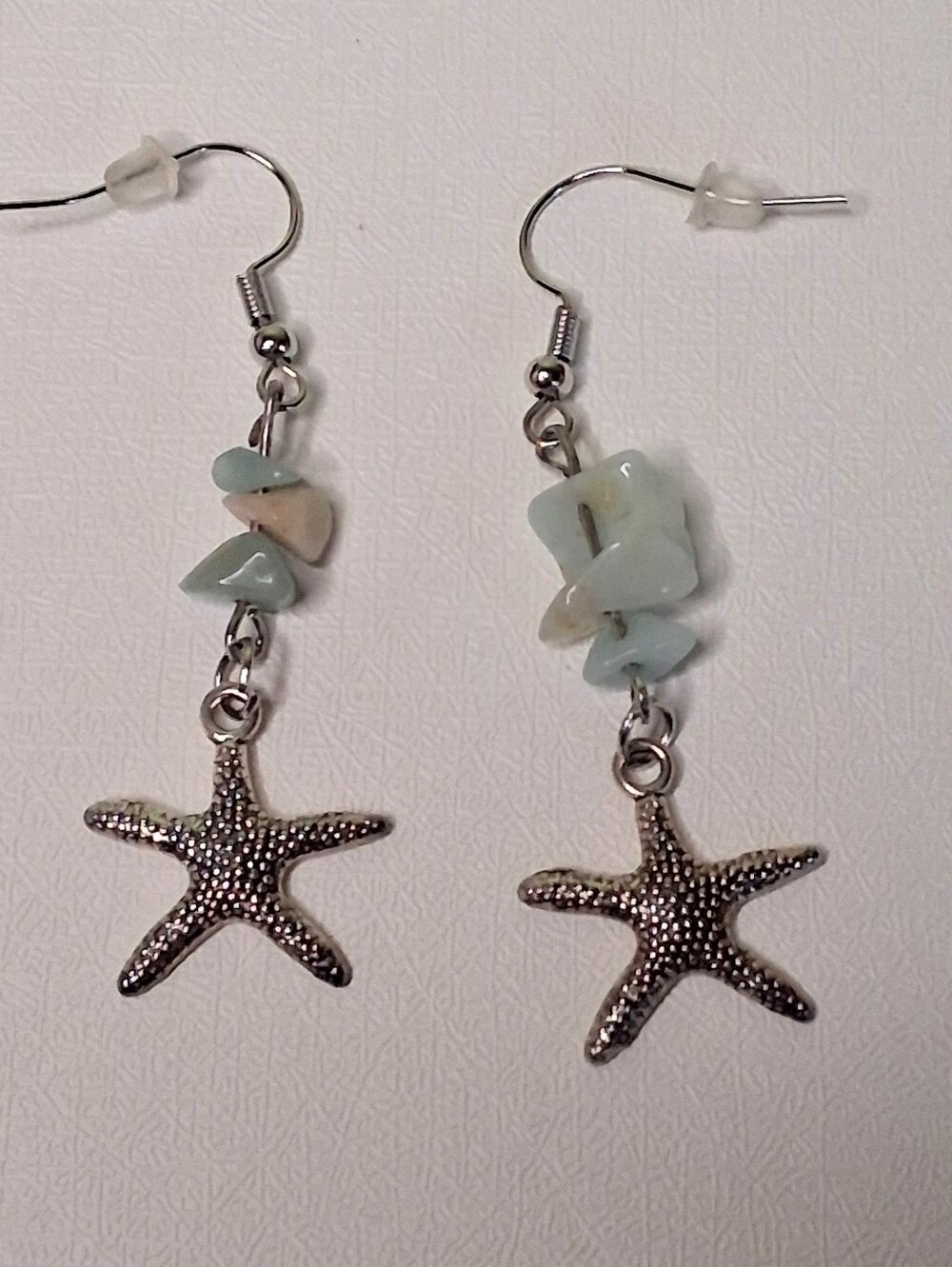 Handcrafted Beachcomber Silver Tone Starfish Blue White Chip Dangle Earrings